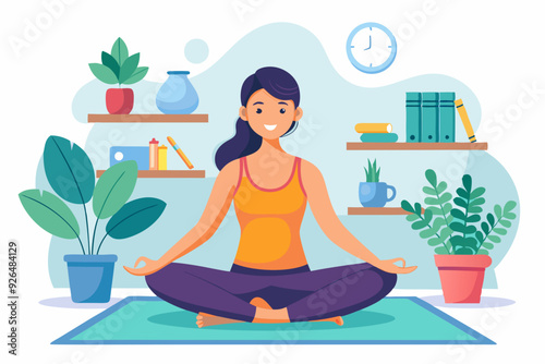 Happy woman doing yoga at home. Relaxation and concentration. Healthy and active lifestyle
