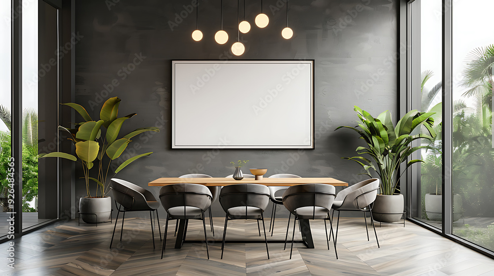 A modern dining room with a large framed canvas on the wall, a long wooden table and chairs, and plants in pots. A modern dining room with a large framed canvas on the wall, a long wooden table and chairs, and plants in pots.