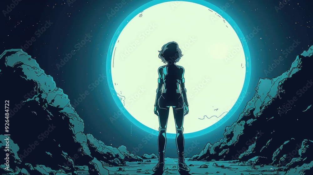 Obraz premium Beautiful young girl standing in front of a huge round portal leading to an alien world.