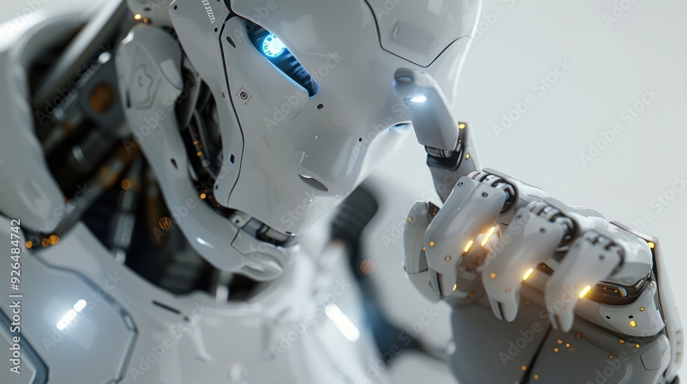 Fototapeta premium Humanoid robot with glowing blue eyes and white skin, close-up.