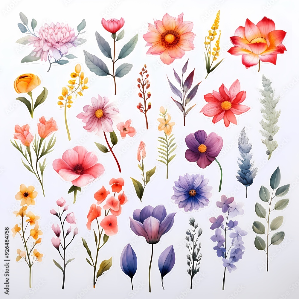Hand-drawn floral stickers offering vibrant and delicate designs for a variety of creative uses.