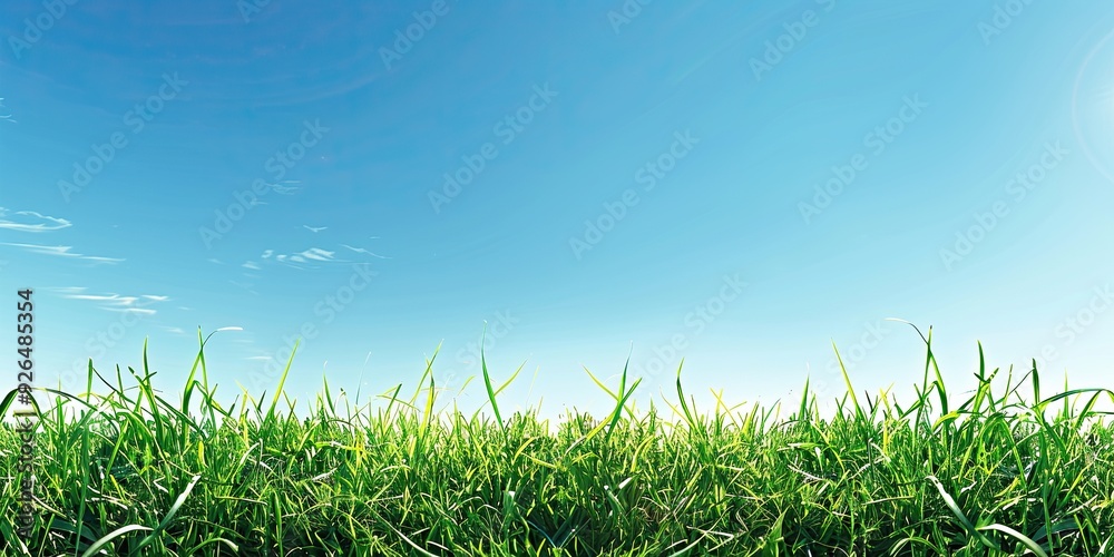 Fototapeta premium A vibrant green grass field under a clear blue sky with copy space image