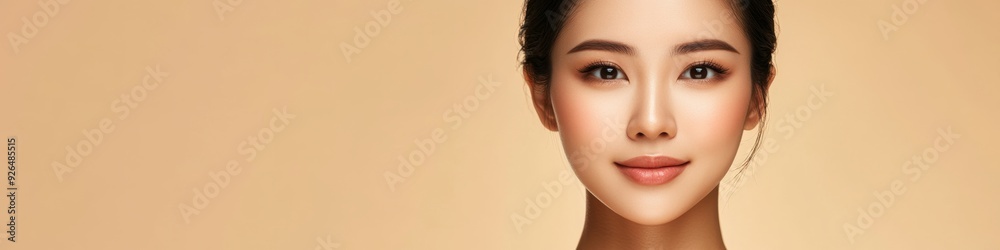 Radiant Asian Beauty: Flawless Skin Portrait for Skincare Promotion. Elegant Face Showcasing Perfect Complexion in Cosmetic Advertisement. Aesthetic UI Web Poster Design for Beauty Salon, Plastic Surg Radiant Asian Beauty: Flawless Skin Portrait for Skincare Promotion. Elegant Face Showcasing Perfect Complexion in Cosmetic Advertisement. Aesthetic UI Web Poster Design for Beauty Salon, Plastic Surg