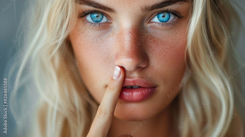 A beautiful blonde with blue eyes holds a finger near her mouth. AI generative. A beautiful blonde with blue eyes holds a finger near her mouth. AI generative.