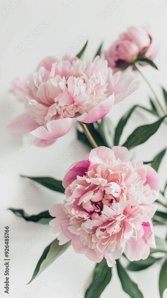 Pink peonies with green leaves on a light background showcasing their delicate petals and vibrant colors Pink peonies with green leaves on a light background showcasing their delicate petals and vibrant colors