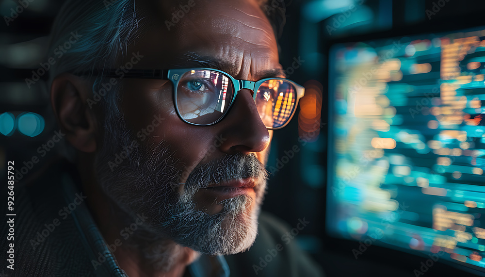 Close-Up of Computer Screen Reflection in Man's Glasses in Dark Room Close-Up of Computer Screen Reflection in Man's Glasses in Dark Room