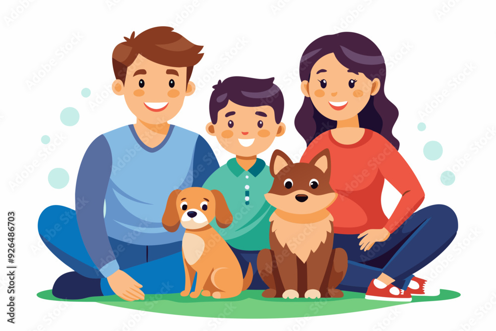 Happy family sitting on a white background. Father, mother son, daughter and dog
Happy family sitting on a white background. Father, mother son, daughter and dog