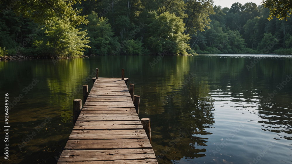 Peaceful lakeside scene with a rustic wooden dock surrounded by lush green trees and calm water Peaceful lakeside scene with a rustic wooden dock surrounded by lush green trees and calm water