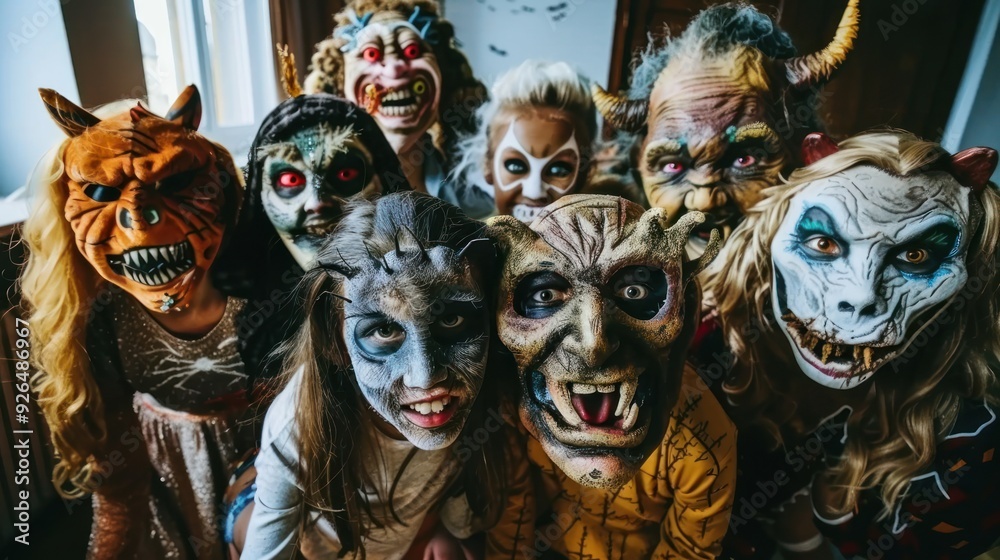 A group portrait of a family dressed as various Halloween creatures. A group portrait of a family dressed as various Halloween creatures.