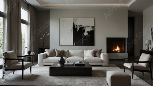 Elegant Modern Living Room with White Sofa, Fireplace, and Large Abstract Wall Art