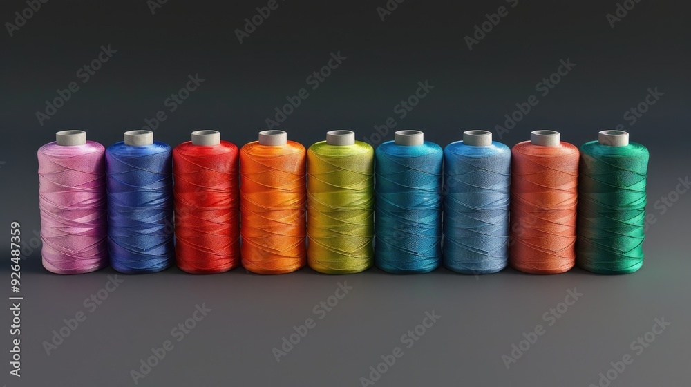 Brightly colored spools of thread in a variety of colors are neatly stacked on a surface, ideal for sewing, mending, and textile design. Brightly colored spools of thread in a variety of colors are neatly stacked on a surface, ideal for sewing, mending, and textile design.