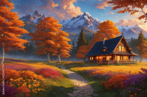 A house in the mountains. Autumn landscape.