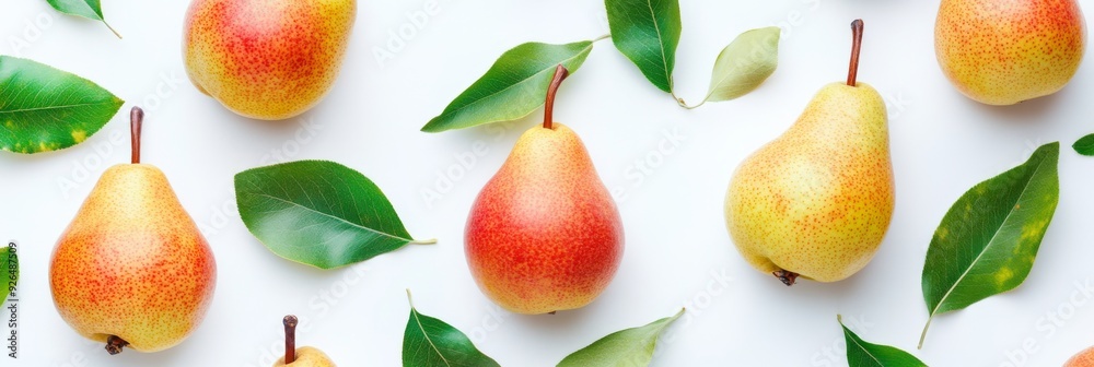 Close up ripe pears and leaves on a white background. Pear fruit texture Close up ripe pears and leaves on a white background. Pear fruit texture
