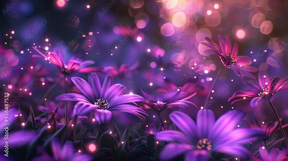 Vibrant purple flowers with glowing bokeh background creating a dreamy atmosphere