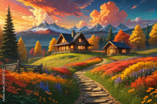 A house in the mountains. Autumn landscape.