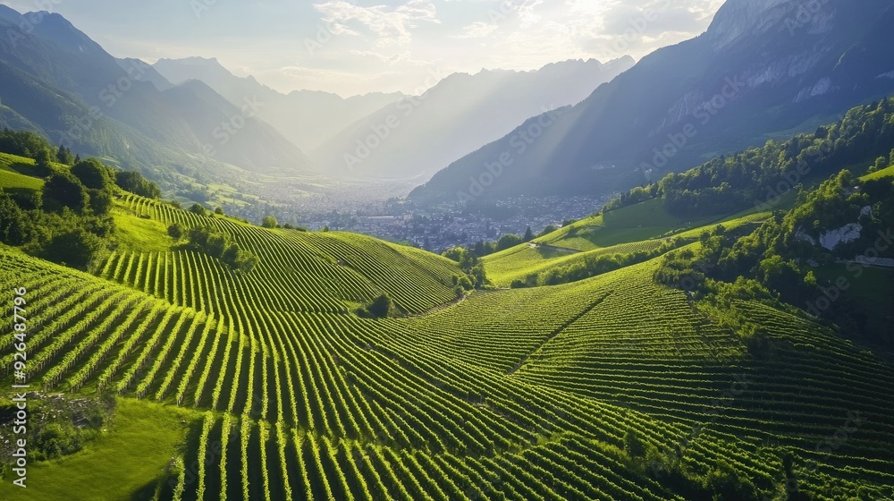 Aerial view of the lush green vineyards in the Valais region, with their neat rows stretching across the valley. Aerial view of the lush green vineyards in the Valais region, with their neat rows stretching across the valley.