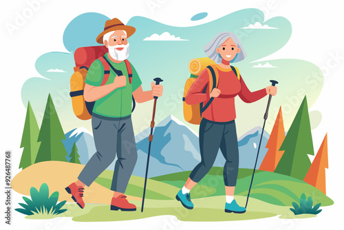 Seniors on hiking. Mature man and woman with backpacks and sticks climb the mountain. Happy elderly couple is engaged in active recreation
