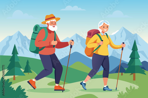 Seniors on hiking. Mature man and woman with backpacks and sticks climb the mountain. Happy elderly couple is engaged in active recreation
