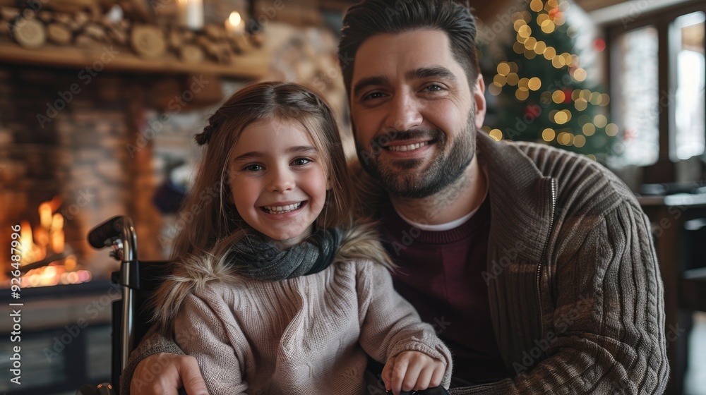 A man and a little girl in a wheelchair sitting together. A decorated Christmas tree is in the background. A man and a little girl in a wheelchair sitting together. A decorated Christmas tree is in the background.