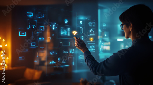 Individuals and families adjust lighting dimm, temperature and electrical appliances with their personal devices using touch-screen, holograms, demonstrating the application of smart home technology.