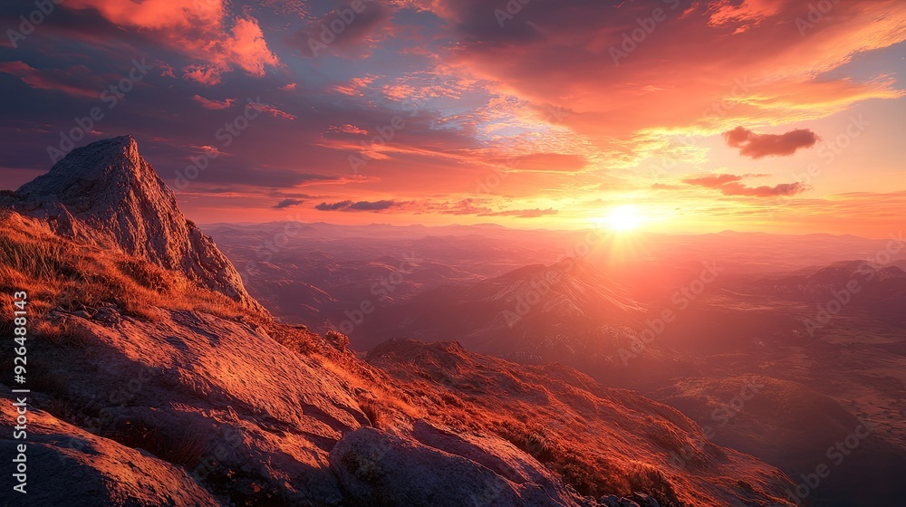 Fototapeta premium Amazing sunset view from a mountain peak, with the sun setting over distant valleys and the sky filled with rich colors.