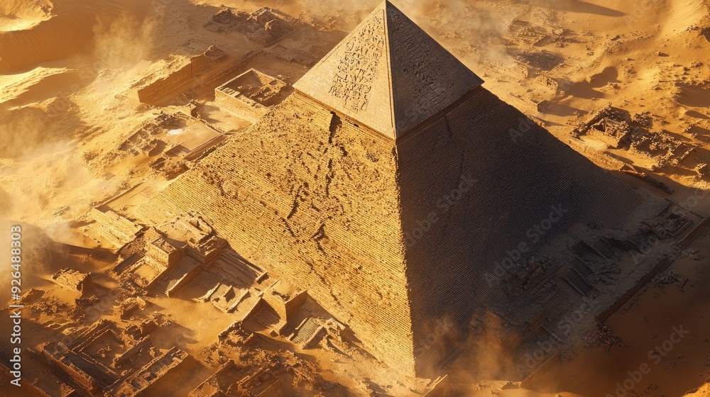 Obraz premium Bird's-eye view of a pyramid, showcasing its precise angles and layered stonework, with a dramatic backdrop of golden sands.