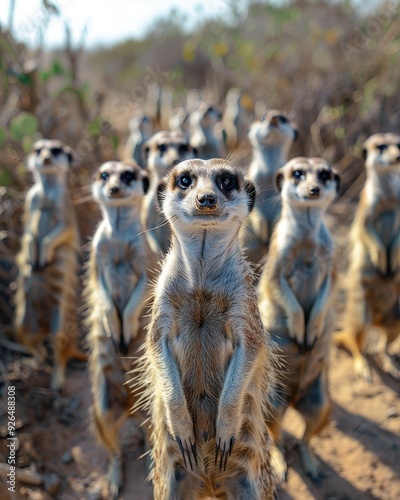 Wallpaper Mural A group of alert meerkats standing upright in their natural habitat, showcasing their playful and curious nature in the wild. Torontodigital.ca