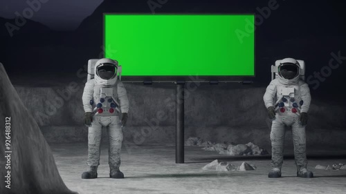 Two astronauts on the moon point at a billboard