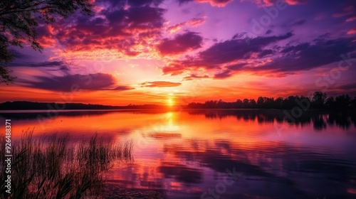 Beautiful sunset over a tranquil lake, with the sky painted in shades of red, purple, and gold.