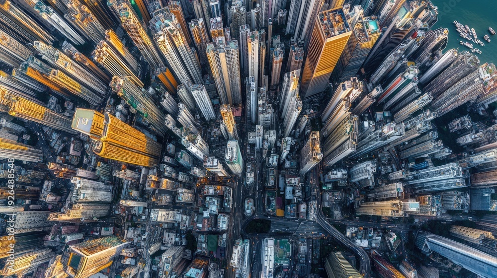 Fototapeta premium Bird's-eye view of the bustling metropolis of Hong Kong, with its dense high-rises and harbor reflecting the cityscape.
