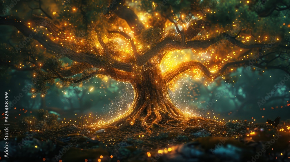 Obraz premium A magical tree illuminated with glowing lights in a mystical forest, creating an enchanting and serene atmosphere.