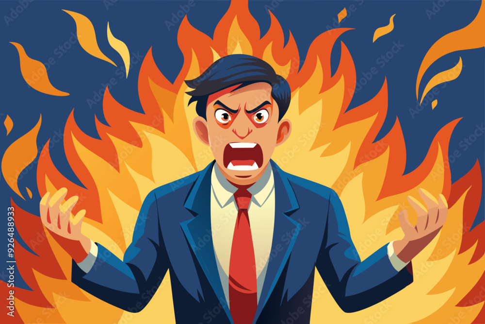 Businessman expressing anger. Angry man in a flame of rage. Vector illustration
Businessman expressing anger. Angry man in a flame of rage. Vector illustration