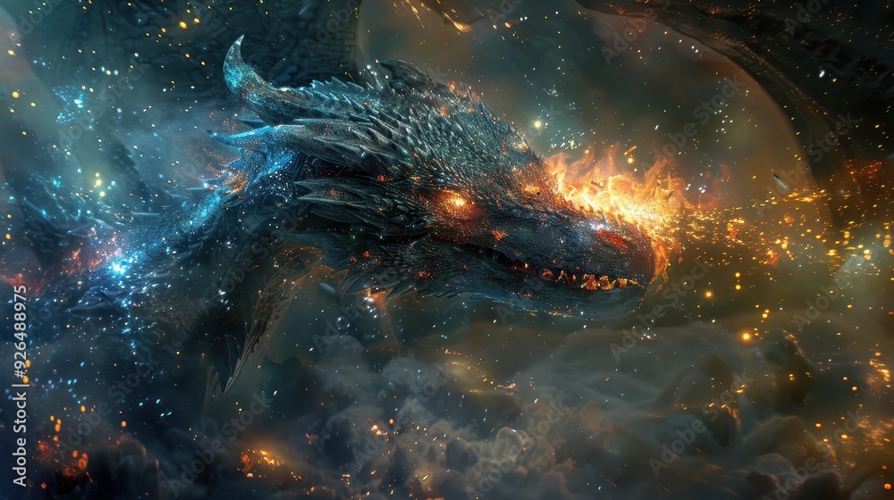 Obraz premium A majestic dragon soaring through a cosmic landscape filled with stars and nebulae, embodying the essence of fantasy and adventure.