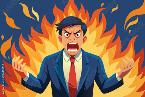 Businessman expressing anger. Angry man in a flame of rage. Vector illustration
