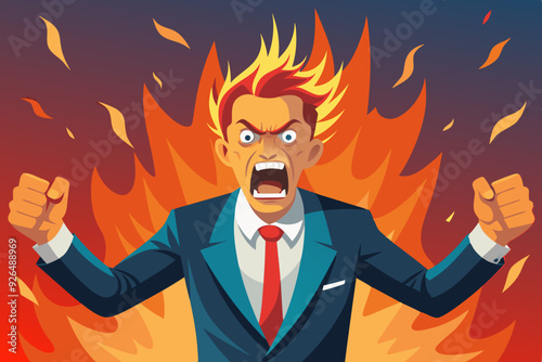 Businessman expressing anger. Angry man in a flame of rage. Vector illustration
