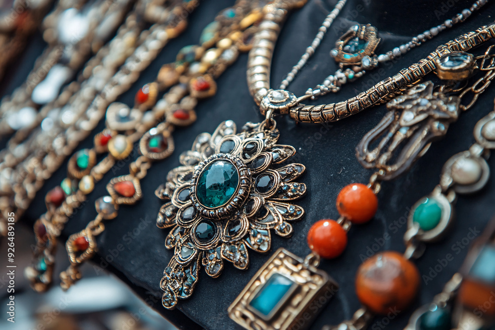 Fototapeta premium A display of necklaces and bracelets with a green gemstone pendant
