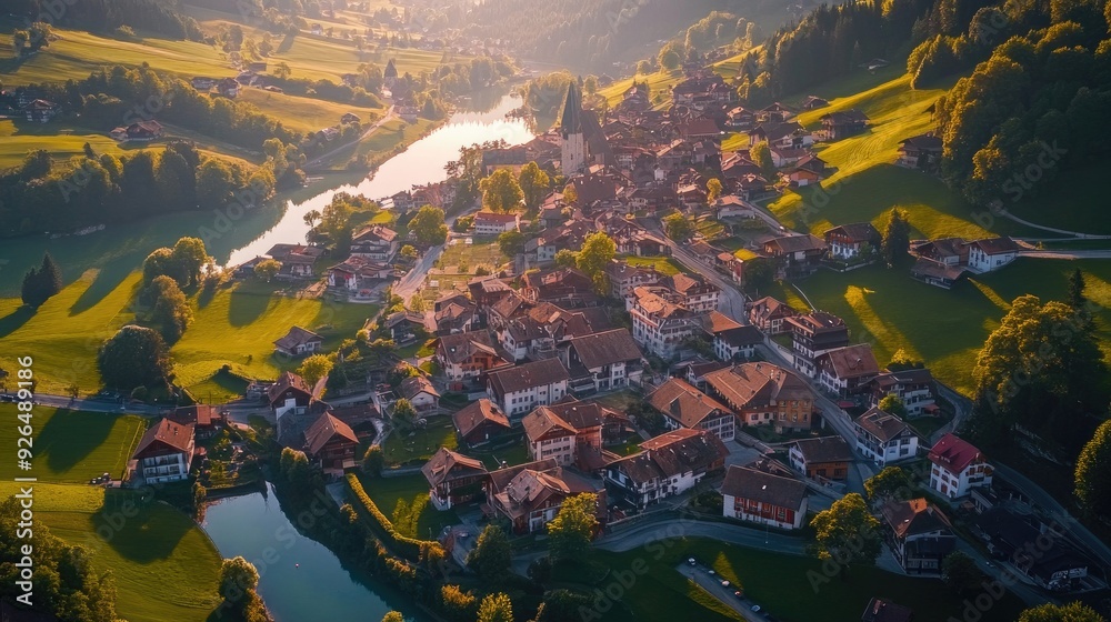 Fototapeta premium Bird's-eye view of the traditional Swiss water town of Appenzell, with its colorful buildings and surrounding landscapes.