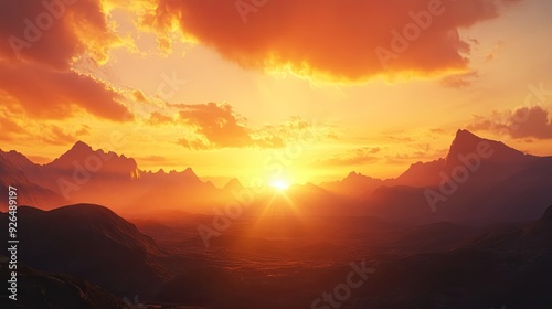 Breathtaking sunset behind silhouetted mountains, casting a warm glow across the sky and landscape.