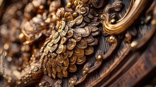 Close-up 3D photography of a Thai spirit house carving, highlighting the detailed wooden elements and gilded accents. photo