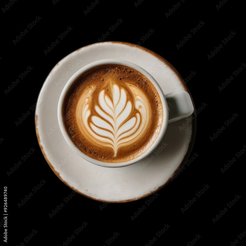 A Cup of Coffee with Flower Latte Art. Top View A Cup of Coffee with Flower Latte Art. Top View
