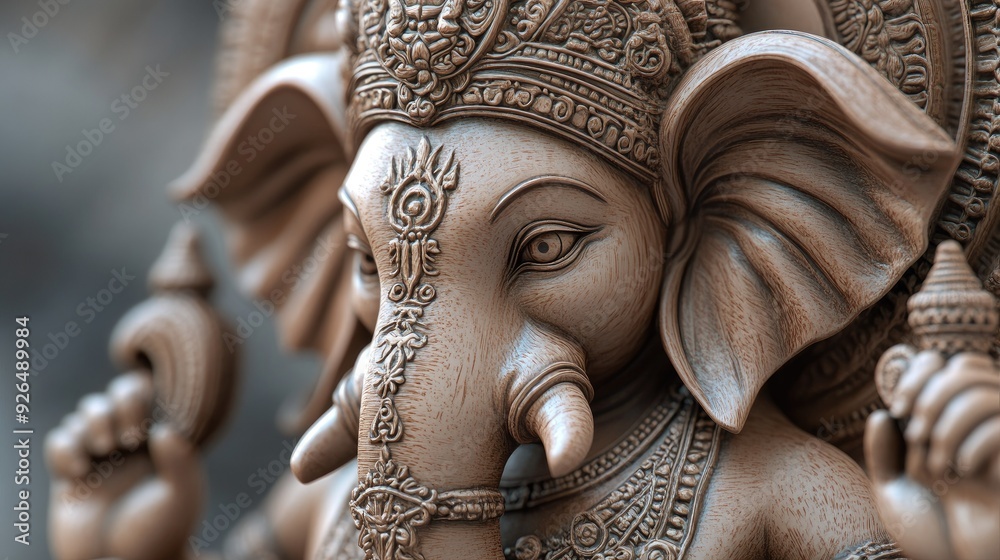 Close-up 3D view of a finely detailed Lord Ganesha statue, showcasing intricate carvings and rich textures. Close-up 3D view of a finely detailed Lord Ganesha statue, showcasing intricate carvings and rich textures.