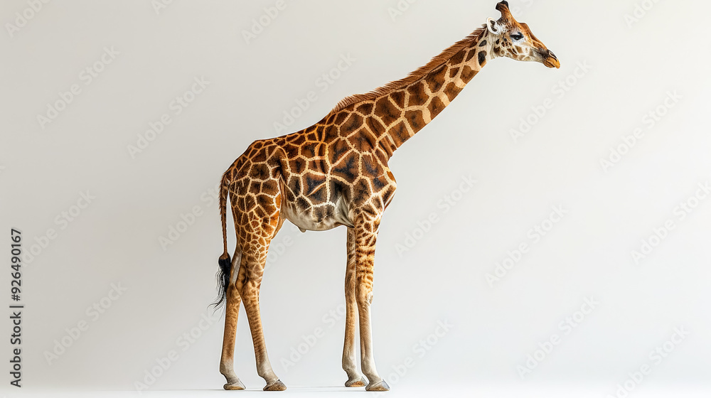 Obraz premium A giraffe standing in front of a white background. The giraffe is the main focus of the image, and it is looking to the right. The white background creates a sense of contrast