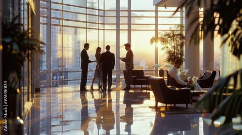 A group of professionals discuss ideas while a colleague relaxes, illuminated by a vibrant sunset through expansive glass windows