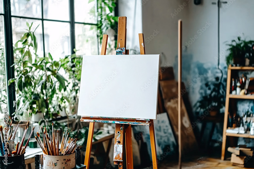 The room is filled with various plants and art materials, giving it a creative The room is filled with various plants and art materials, giving it a creative