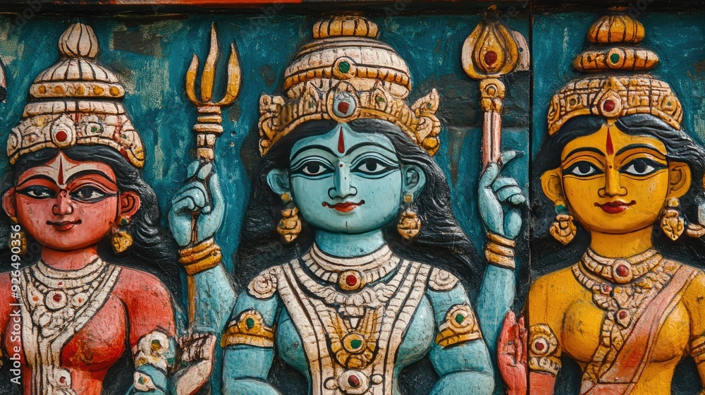Close-up of a section of an Indian mural, with vivid colors and detailed depictions of gods and goddesses. Close-up of a section of an Indian mural, with vivid colors and detailed depictions of gods and goddesses.
