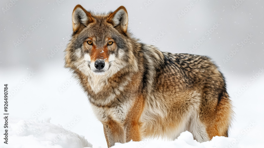A wolf with a brown and gray coat stands in front of a white background. The wolf has a curious expression on its face, and its fur is fluffy and thick A wolf with a brown and gray coat stands in front of a white background. The wolf has a curious expression on its face, and its fur is fluffy and thick