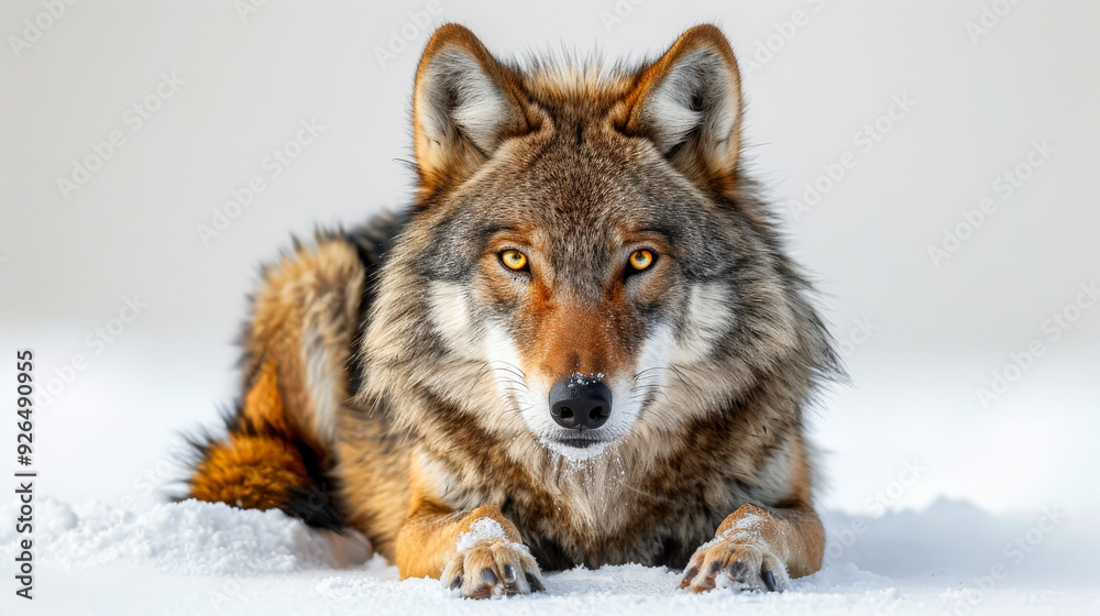 Obraz premium A wolf is laying in the snow with its head up and looking at the camera. Concept of calm and peacefulness, as the wolf appears to be enjoying the winter landscape