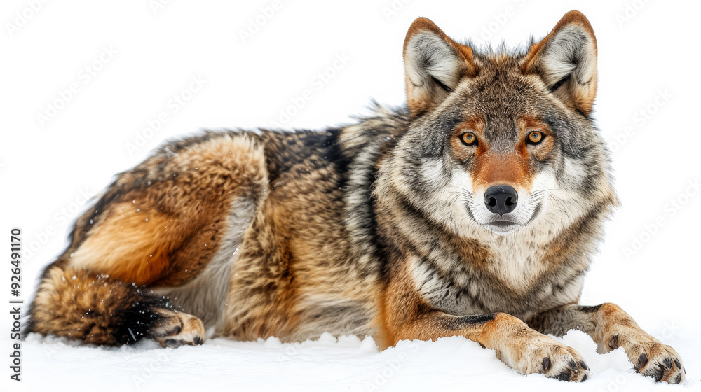 Fototapeta premium A wolf with a brown and gray coat stands in front of a white background. The wolf has a curious expression on its face, and its fur is fluffy and thick