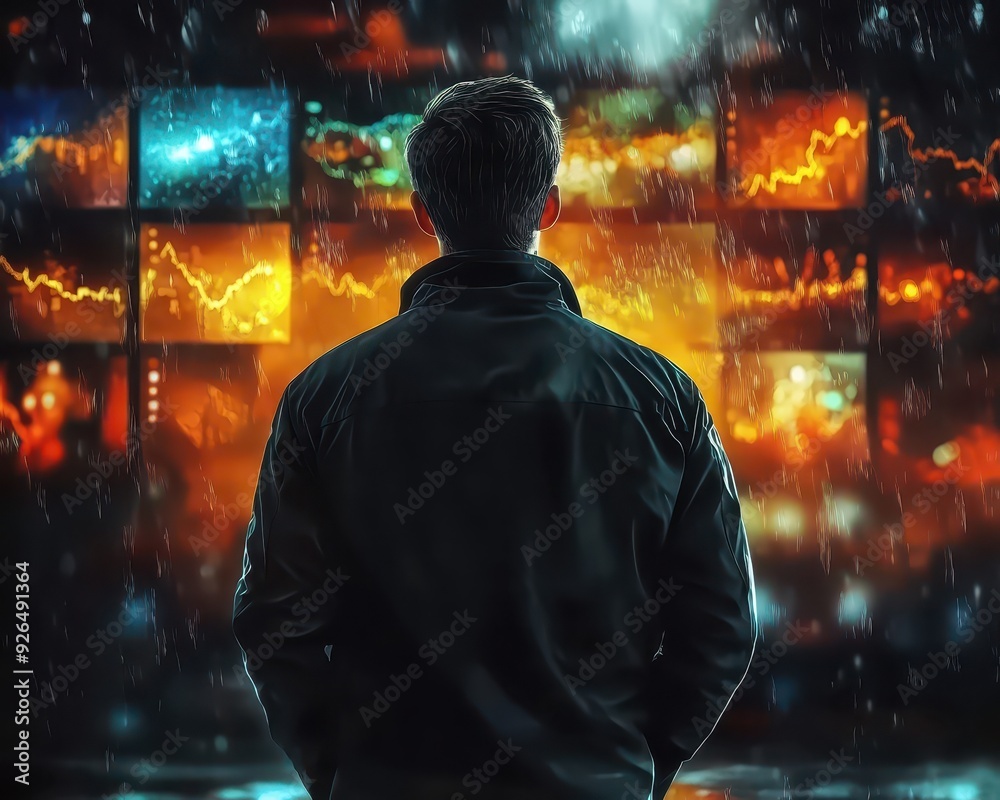 A person observes financial graphs and data in a dark, dramatic setting, showcasing analytics and market trends. A person observes financial graphs and data in a dark, dramatic setting, showcasing analytics and market trends.