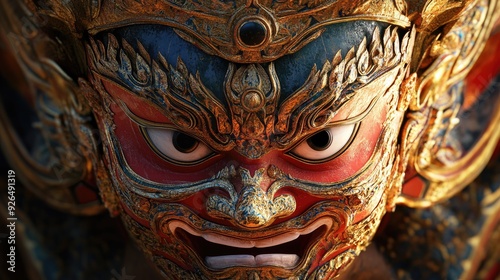Detailed 3D shot of a traditional Thai mask, highlighting the elaborate paintwork and embossed textures.